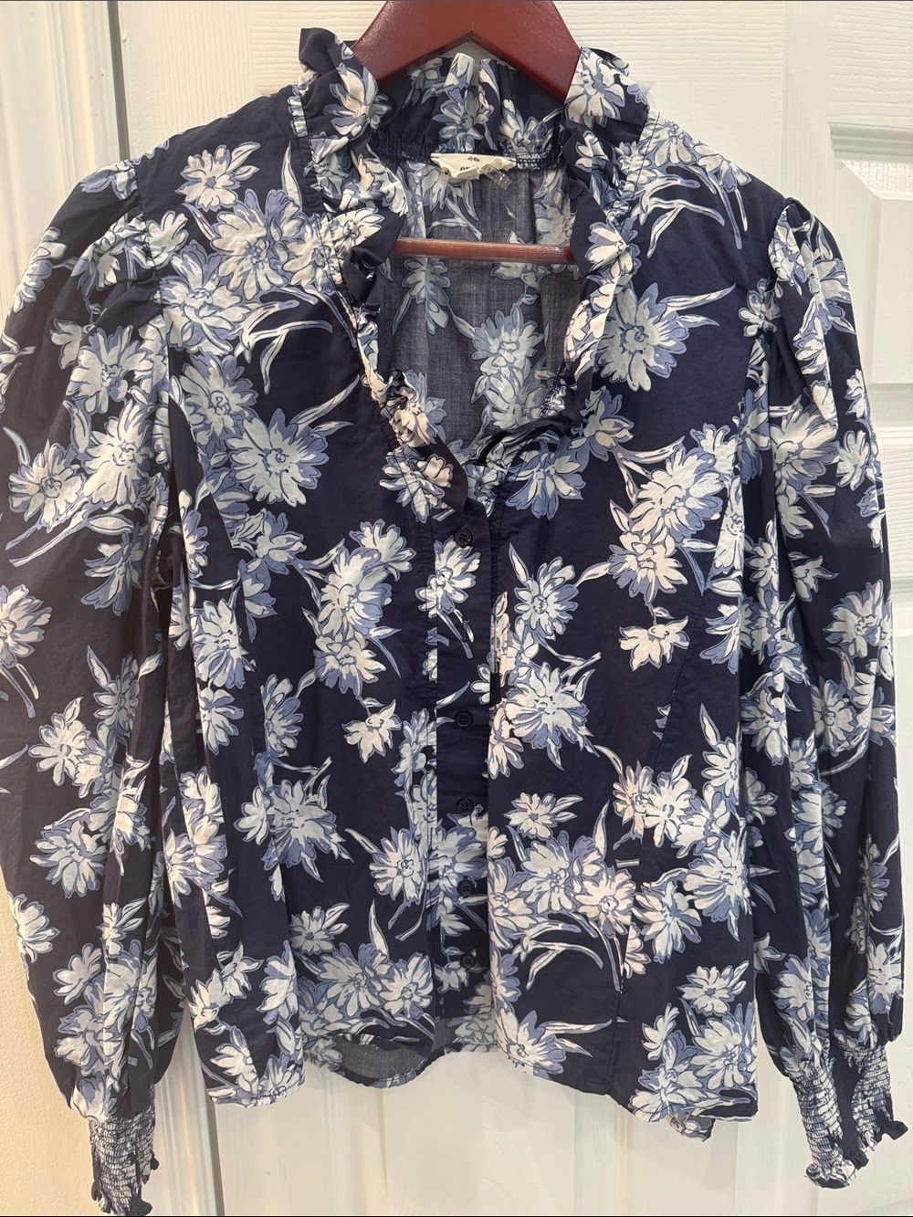 entro Navy Floral Ruffle-Trim Button-Front Blouse